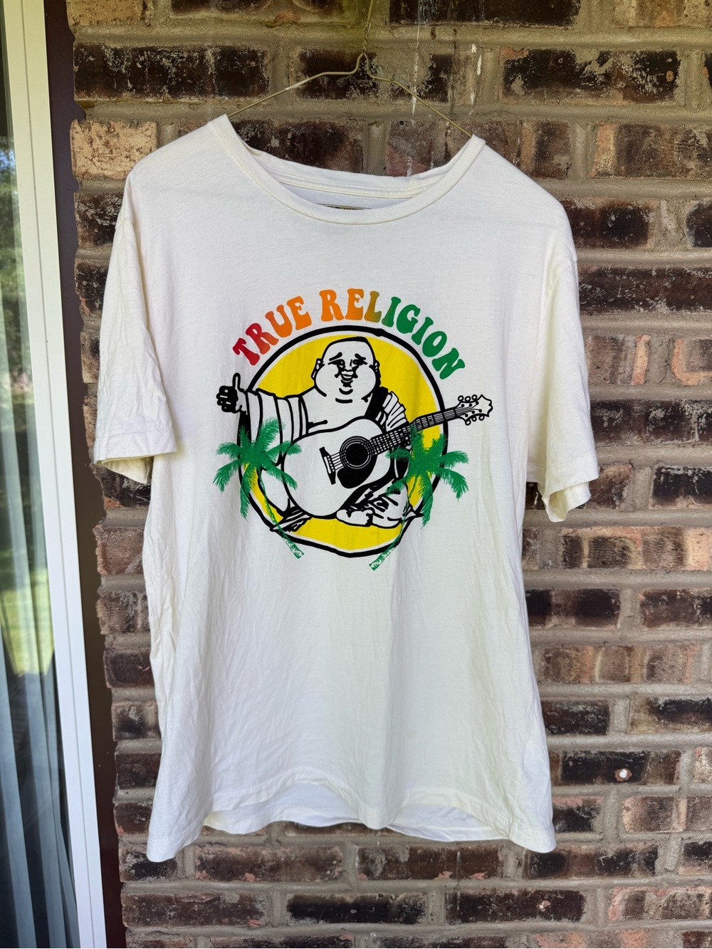 True Religion White Graphic Tee with Guitar Buddha